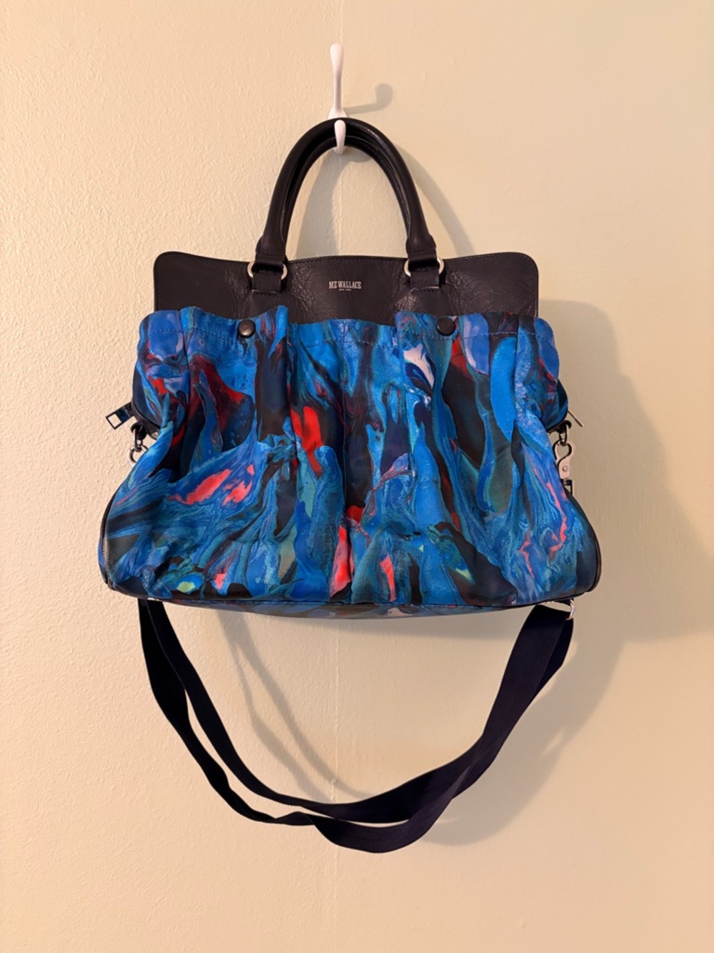 MZ Wallace Blue Multicolor Abstract Tote with Navy Blue Leather Trim